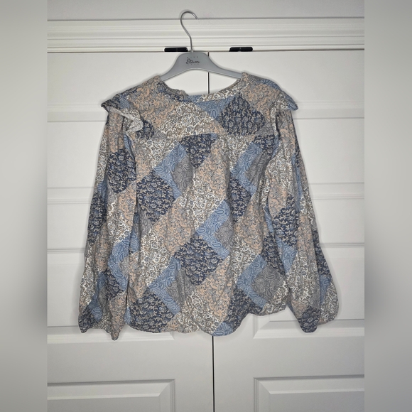 Time and Tru Large (12-14) Womens Blue Beige Paisley Patchwork Long Sleeve Top - Picture 2 of 10
